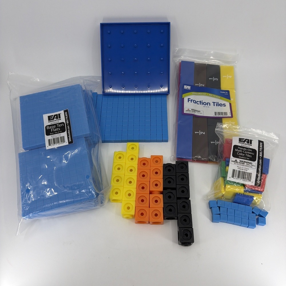 Base Ten Blocks Class Set Cubes, Rods, Flats, Fractions Tiles, Math Bundle